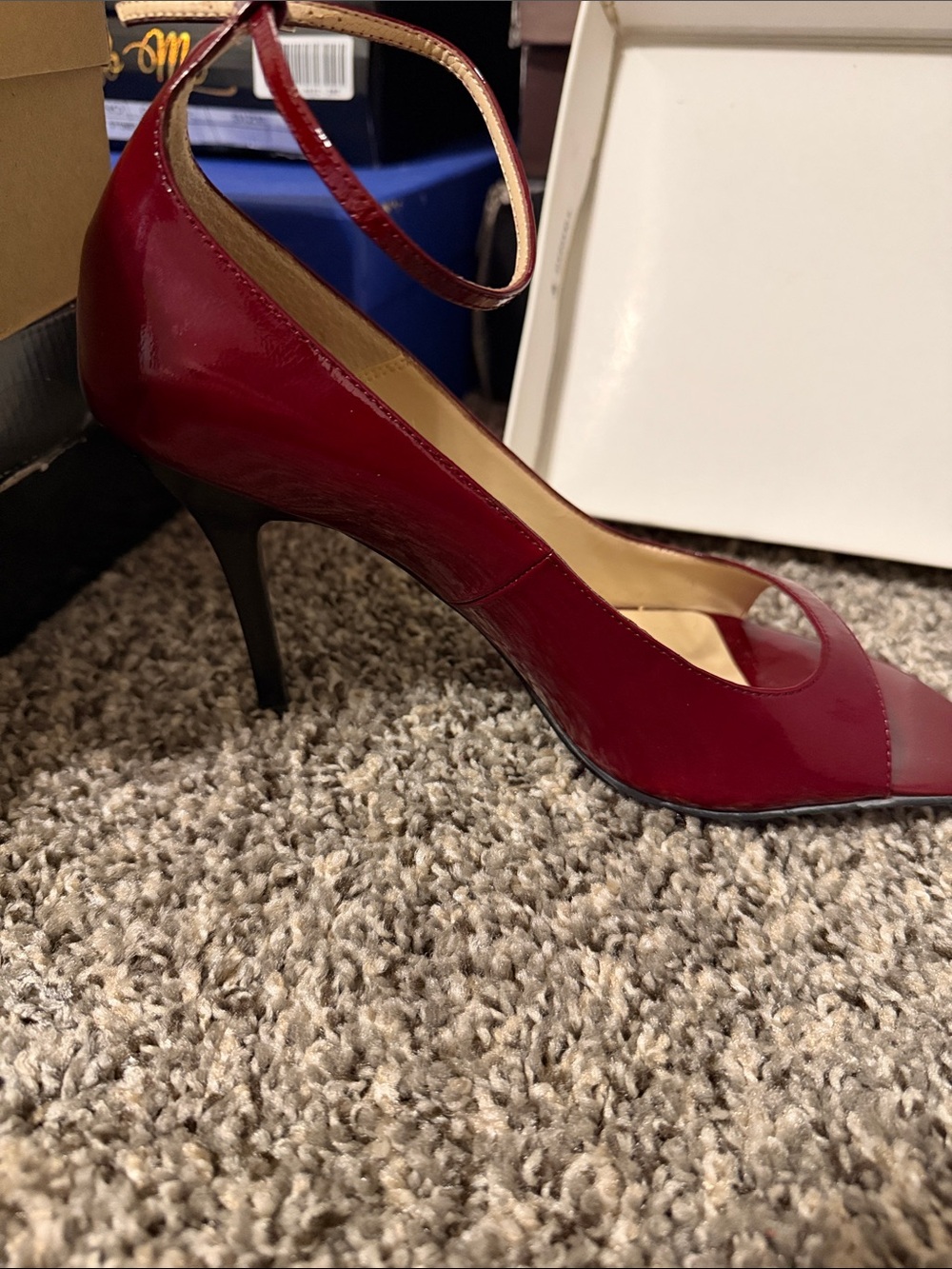 Calvin Klein Burgundy Patent Leather Peep-Toe Ankle-Strap Heels